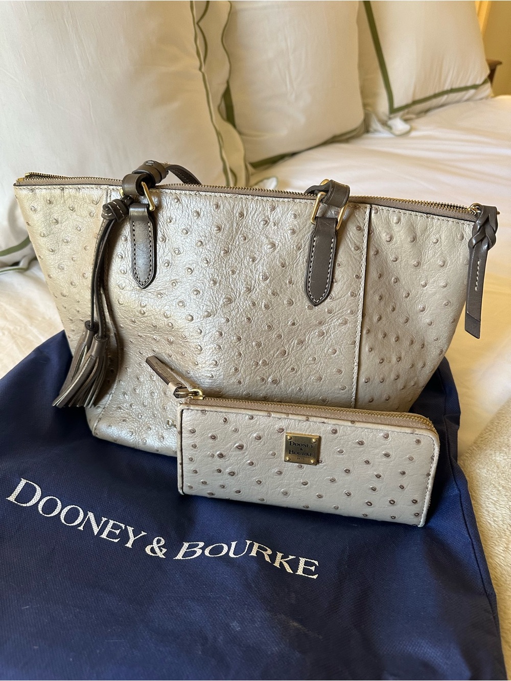 Dooney & Bourke Metallic Cream Ostrich-Embossed Tote with Wallet - Picture 1 of 13